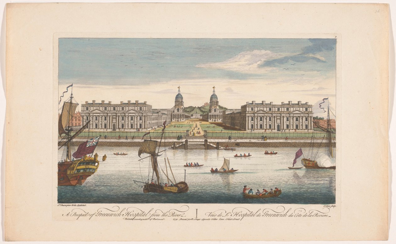 Vista do Hospital de Greenwich no rio Tamisa em Greenwich
Uma perspectiva do Hospital Greenwich do rio (título sobre o objecto)
Londres (título da série) de Robert Sayer