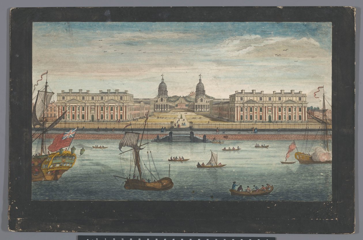 Vista do Hospital de Greenwich no Rio Tamisa em Greenwich Uma perspectiva do Greenwich Hospital do rio (título no objeto) Londres (título da série) de Robert Sayer