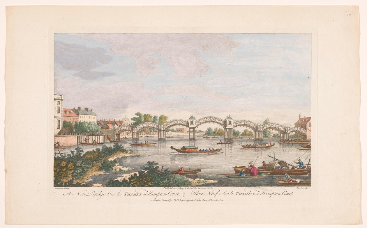 Vista da ponte Hampton Court sobre o rio Tamisa entre Hampton e East Molesey
Uma nova ponte sobre o Tamisa em Hampton-Court (título sobre o objecto) de Robert Sayer