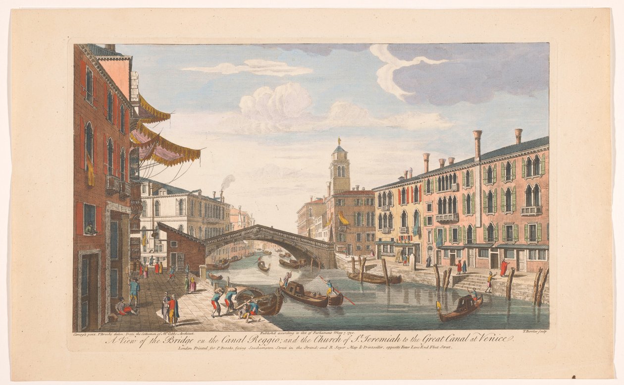Gezicht op de Ponte delle Guglie sobre de Canale di Cannaregio te Venetië Uma vista da ponte sobre o Canal Reggio; e a Igreja de São Jeremias ao Grande Canal de Veneza (título no objeto) Venetië (título da série) de Robert Sayer