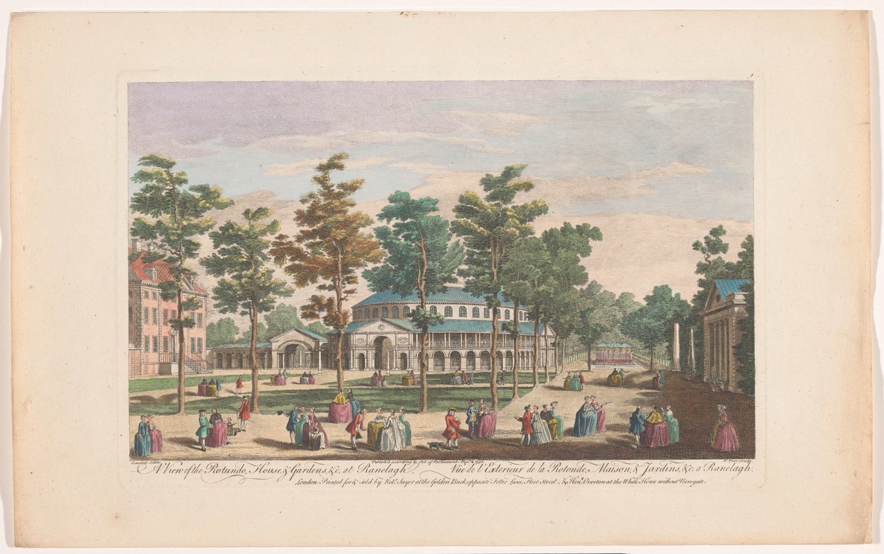Vista da Rotunda em Ranelagh Gardens em Londres Uma vista do Rotundo, Casa e Jardins, etc. em Ranelagh (título no objeto) Ranelagh Gardens e Vauxhall Gardens (título da série) de Robert Sayer