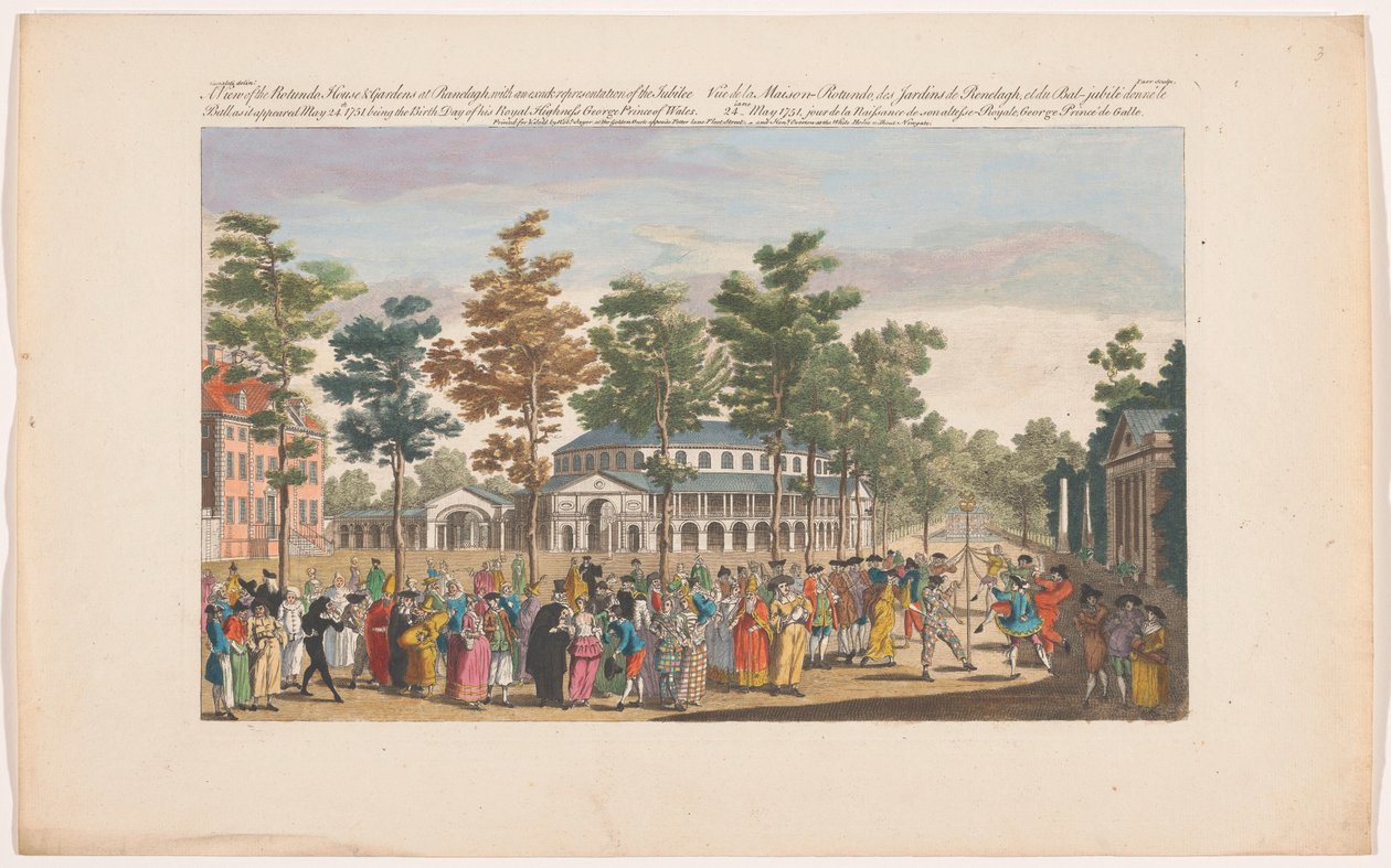 Vista da Rotunda em Ranelagh Gardens, Londres, com um baile de máscaras para assinalar o aniversário do Príncipe de Gales em 24 de Maio de 1751
Uma vista do Rotundo, Casa & Jardins em Ranelagh, com uma representação exack do baile do jubileu, como um de Robert Sayer