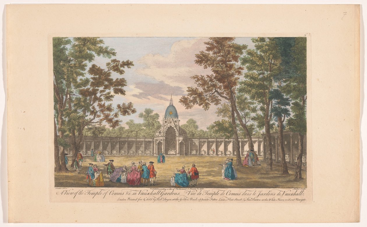 Gezicht op de Temple of Comus em Vauxhall Gardens te Londen Uma vista do Templo de Comus & c. em Vauxhall Gardens (título no objeto) Ranelagh Gardens em Vauxhall Gardens (título da série) de Robert Sayer