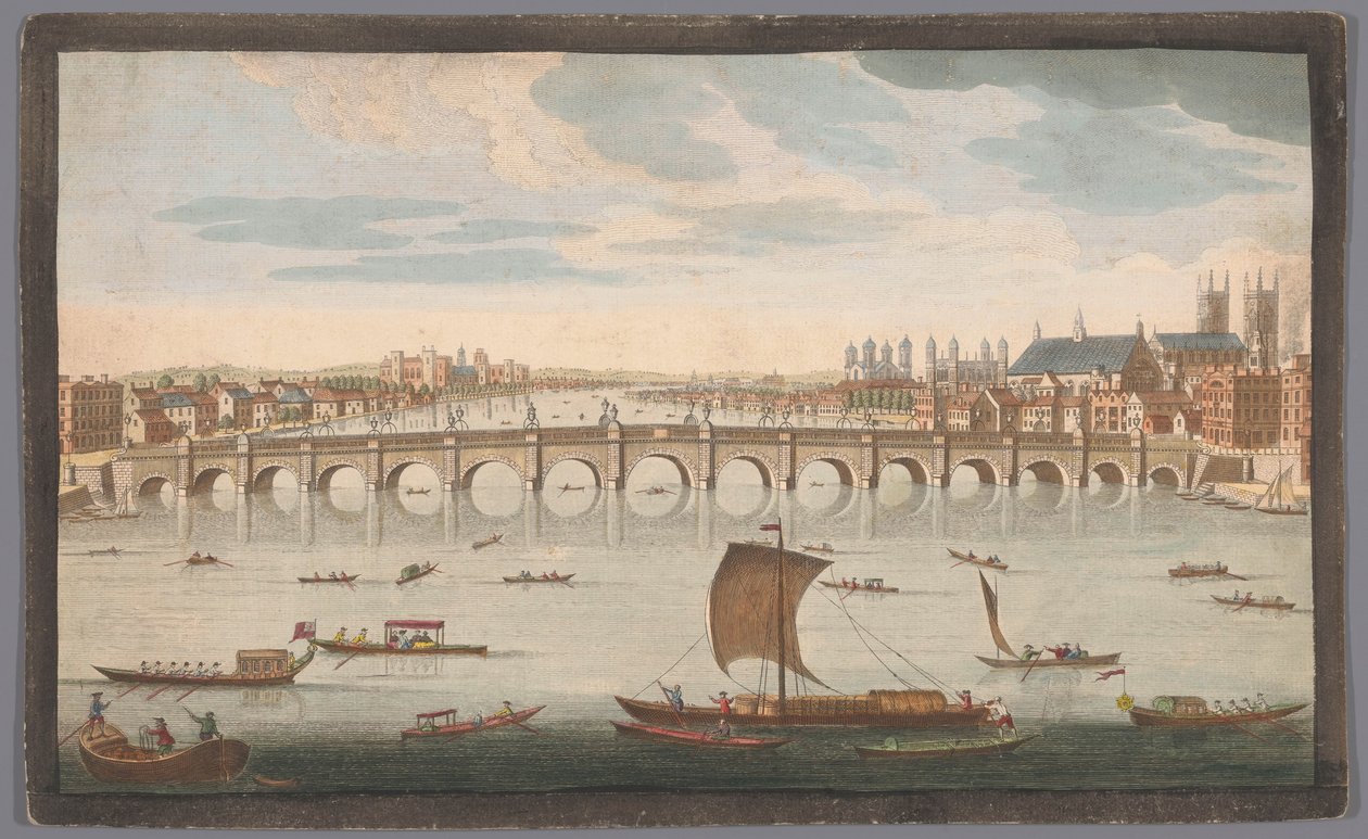 Vista da ponte de Westminster sobre o rio Tamisa em Londres, vista do norte Uma vista sul da Westminster Bridge (título no objeto) de Robert Sayer