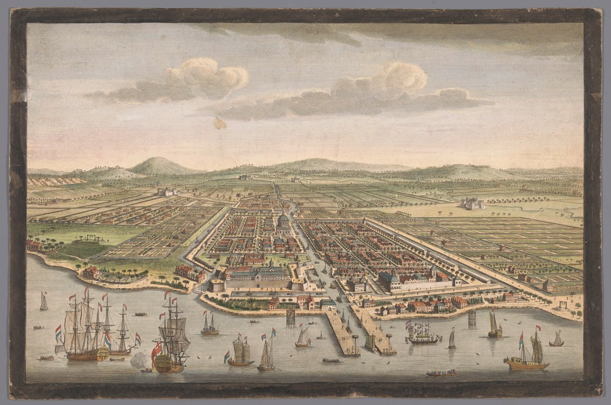 Gezicht op de stad Batavia A cidade de Batávia na ilha de Java e capital de todas as fábricas e assentamentos holandeses nas Índias Orientais (título no objeto) Nederzettingen van de VOC (título da série) de Robert Sayer