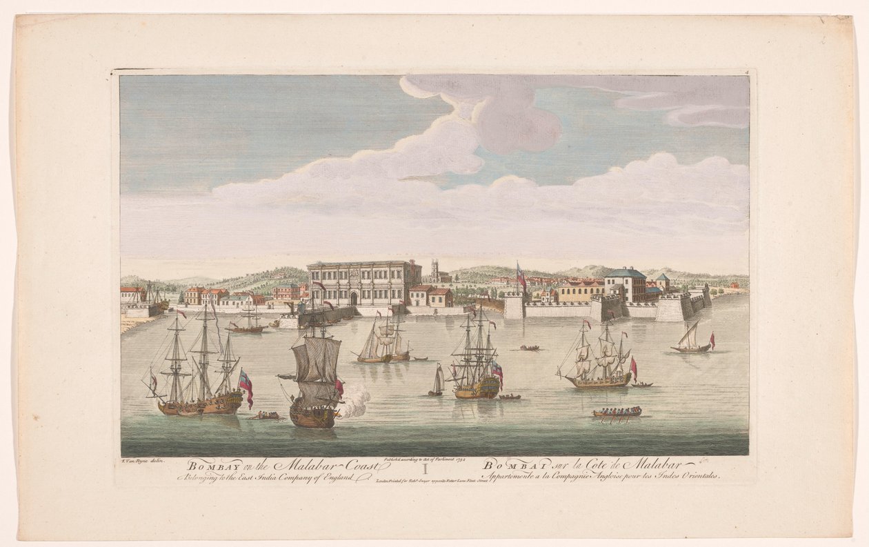 Vista da cidade de Bombaim Bombaim na Costa do Malabar pertencente à Companhia das Índias Orientais da Inglaterra (título do objeto) Liquidações do VOC (título da série) de Robert Sayer