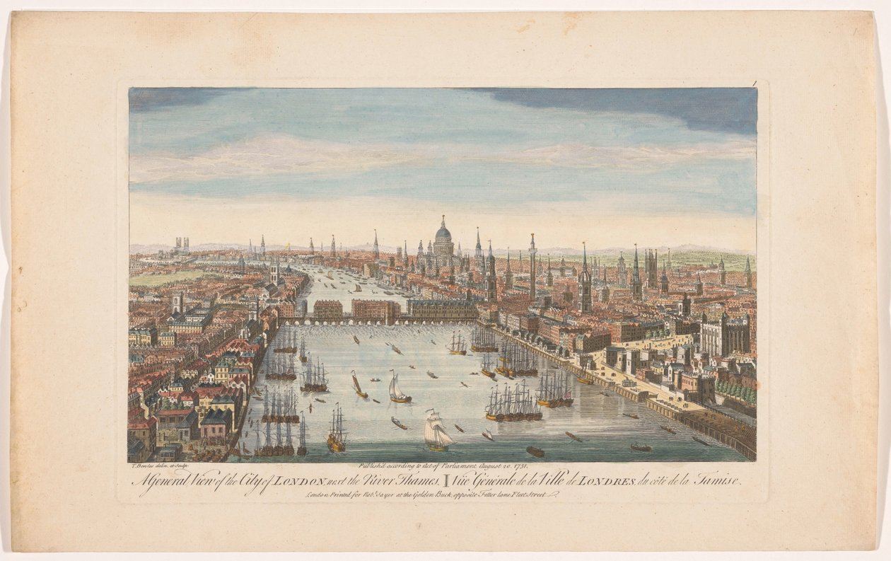 Gezicht op de stad Londen
Uma vista geral da cidade de Londres, junto ao rio Tâmisa (título sobre o objecto)
Londen (título da série) de Robert Sayer