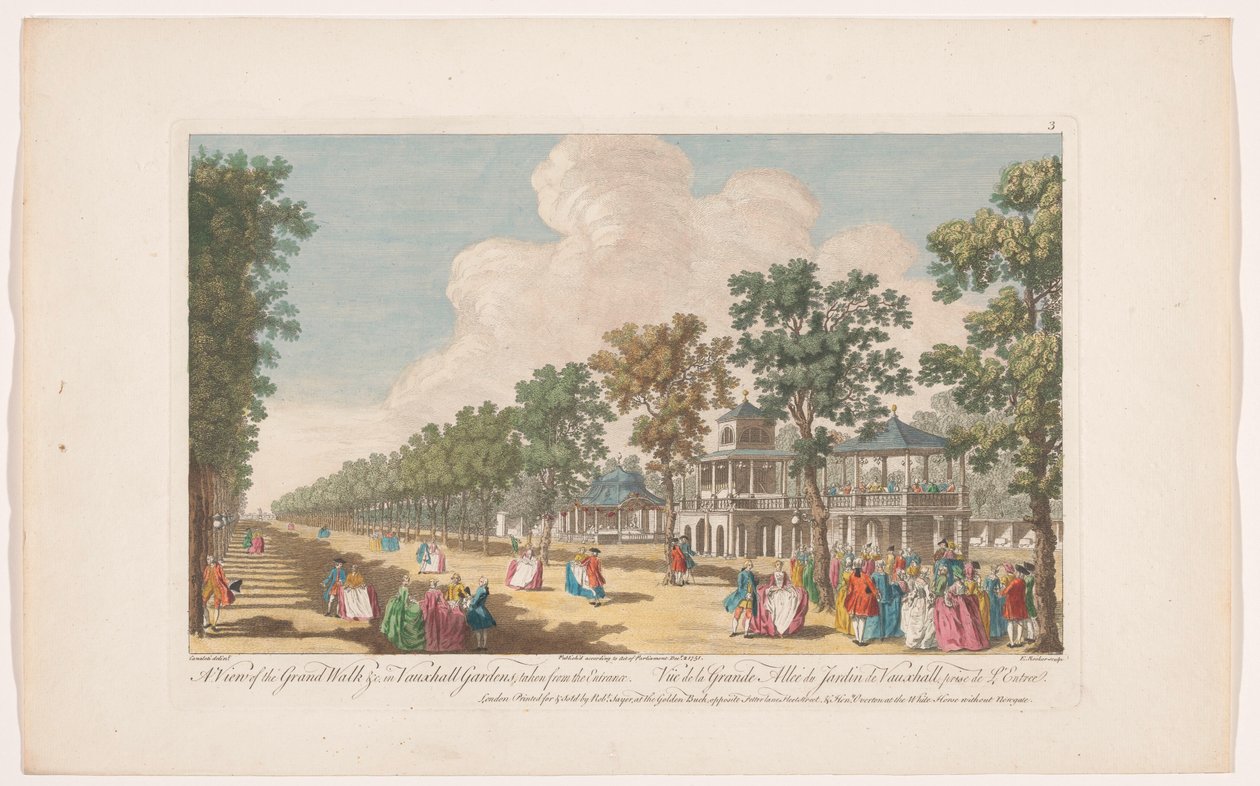 Vista de uma avenida em Vauxhall Gardens em Londres, vista da entrada Uma vista da grande caminhada & c. em Vauxhall Gardens, retirado do participante (título no objeto) Ranelagh Gardens e Vauxhall Gardens (título da série) de Robert Sayer