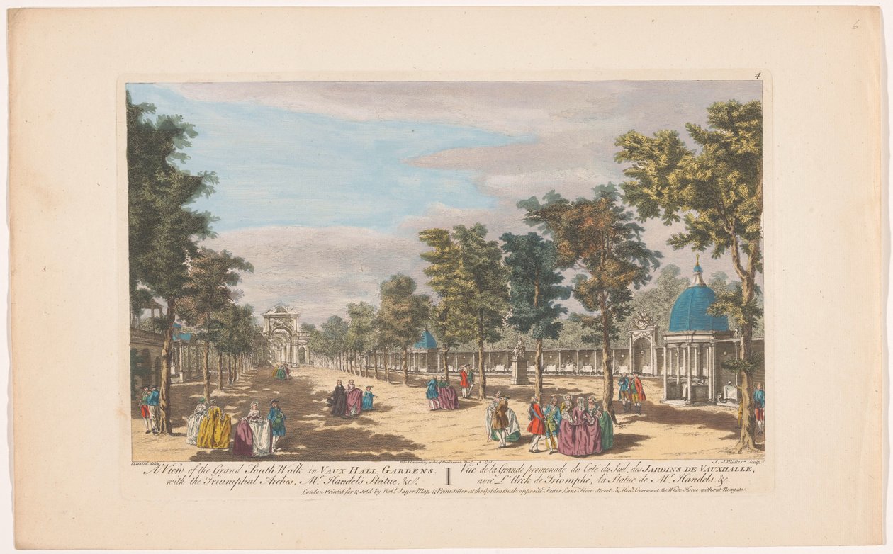 Vista de uma avenida com um arco triunfal em Vauxhall Gardens em Londres Uma vista da grande caminhada sul em Vauxhall Gardens. Com os arcos triunfais, o Sr. Estátua de Handel, &c (título no objeto) Ranelagh Gardens e Vauxhall Gardens (título da série) de Robert Sayer
