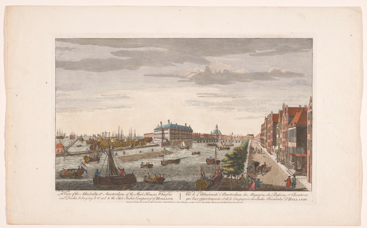 Gezicht op het Admiraliteitsmagazijn te Amsterdam Uma vista do Almirantado em Amsterdã, dos armazéns, cais e docas, pertencentes a ele, e à Companhia das Índias Orientais da Holanda (título no objeto) Holanda (título da série) de Robert Sayer