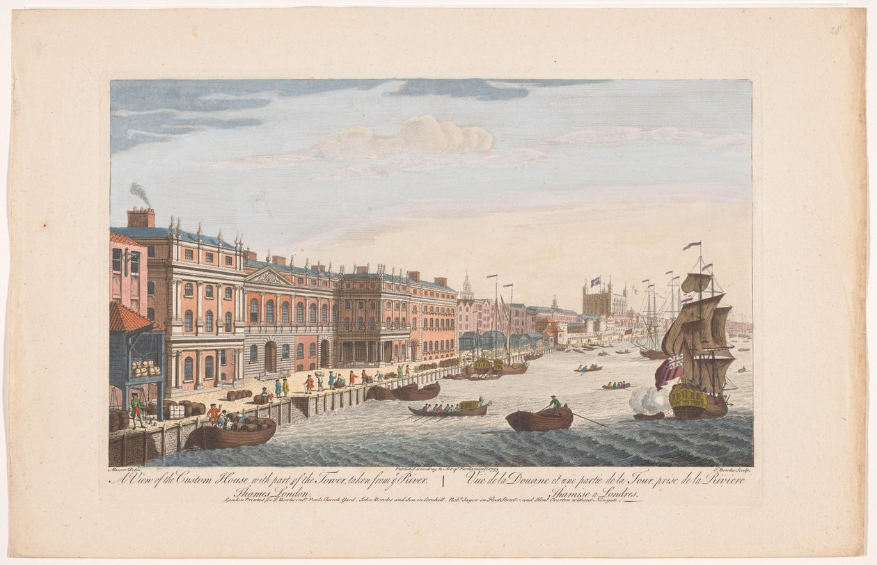 Gezicht op het Custom House aan de rivier de Theems te Londen
Uma vista da Casa Personalizada com parte da Torre, tirada do vosso rio. Tamisa de Londres (título sobre o objecto)
Londen (título da série) de Robert Sayer