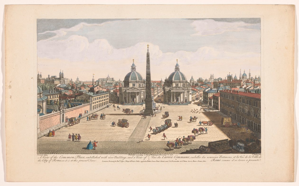 Gezicht na Piazza del Popolo em Roma Uma vista da Praça Comum, embelezada com novos edifícios, e uma vista da cidade de Roma, como é atualmente (título no objeto) Roma (título da série) de Robert Sayer