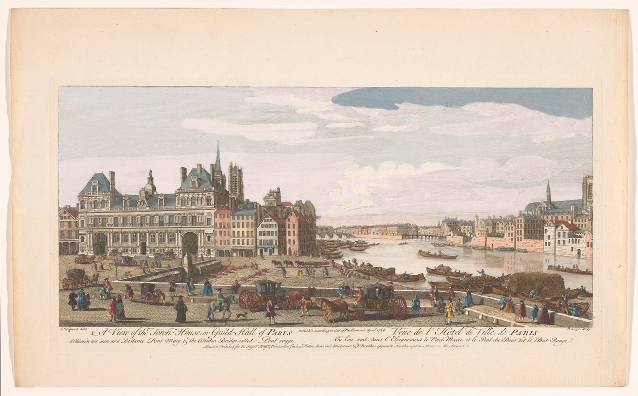 Vista da Câmara Municipal e do Rio Sena em Paris Uma vista da Town House ou Guild Hall de Paris (...) (título no objeto) Paris (título da série) de Robert Sayer