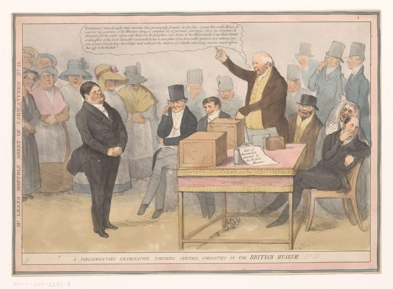 Spotprent over de British Museum
Um exame parlamentar que toca certas curiosidades no Museu Britânico (título sobre o objecto)
Folha mensal de caricaturas nº 41. (título sobre o objecto) de Robert Seymour (possibly)