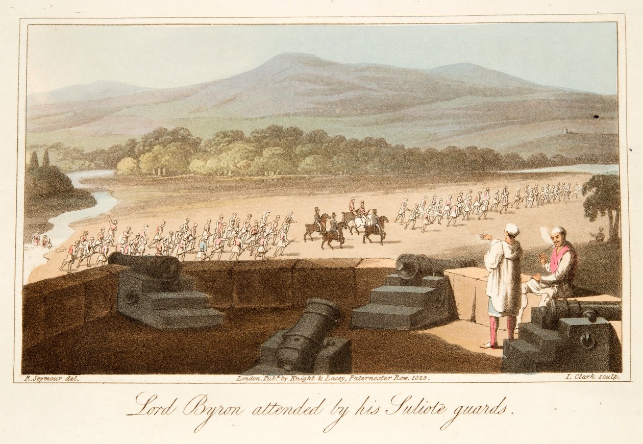 Lord Byron atendido por seus guardas Suliote, pub. 1825. de Robert Seymour