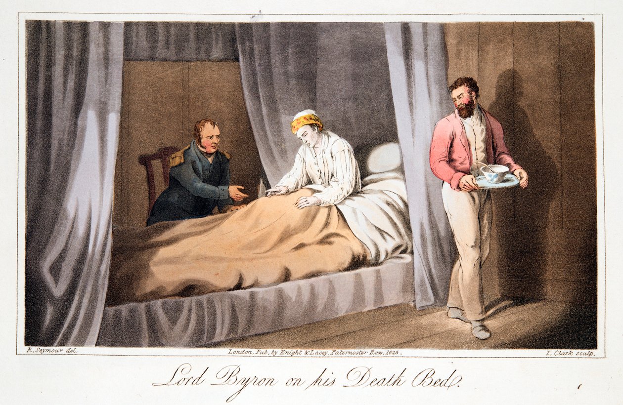 Lord Byron em seu leito de morte, pub. 1825. de Robert Seymour