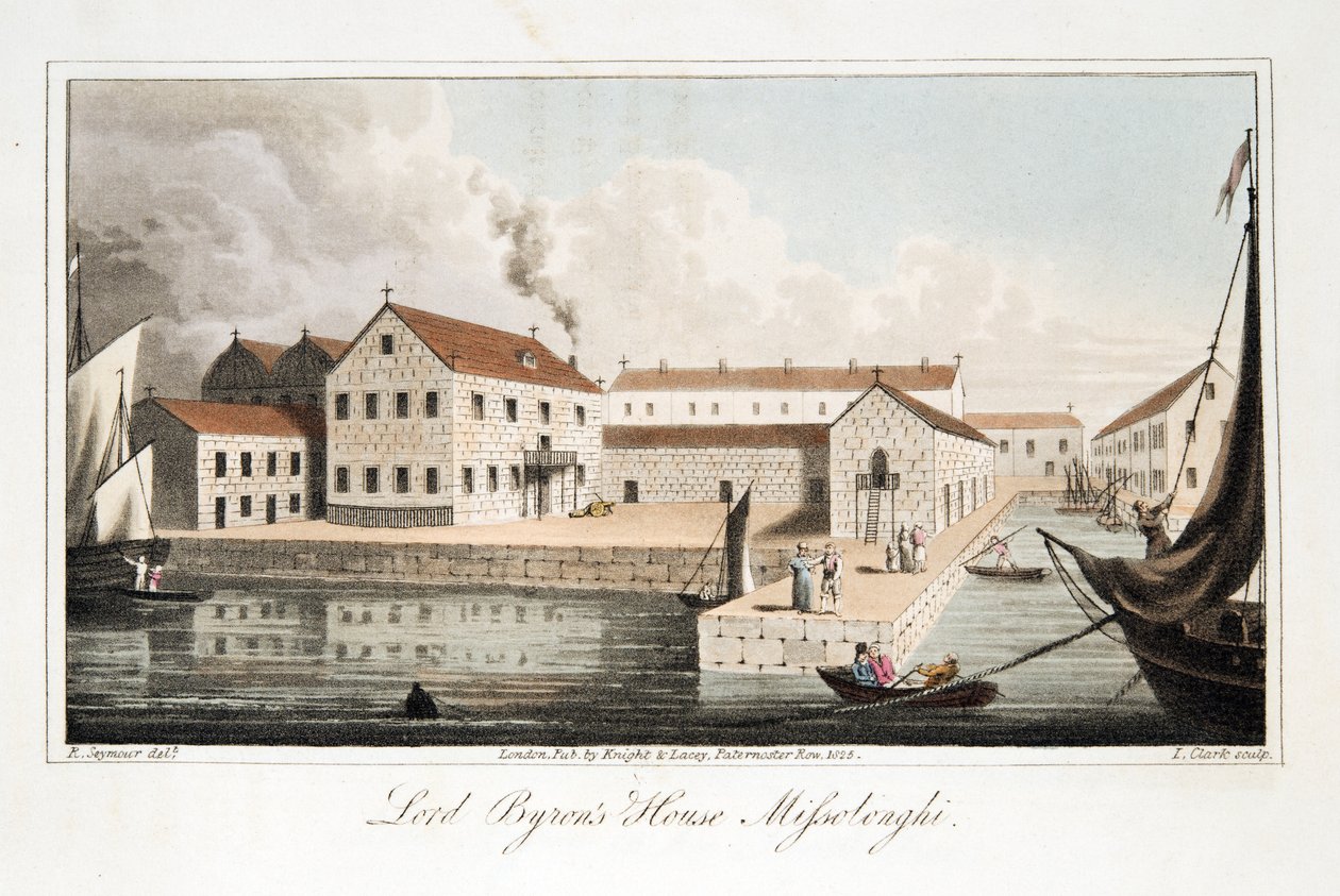 Lord Byron&39;s House em Missolonghi, dos últimos dias do senhor Byron por William Parry, bar. 1825 (gravura colorida à mão) de Robert Seymour
