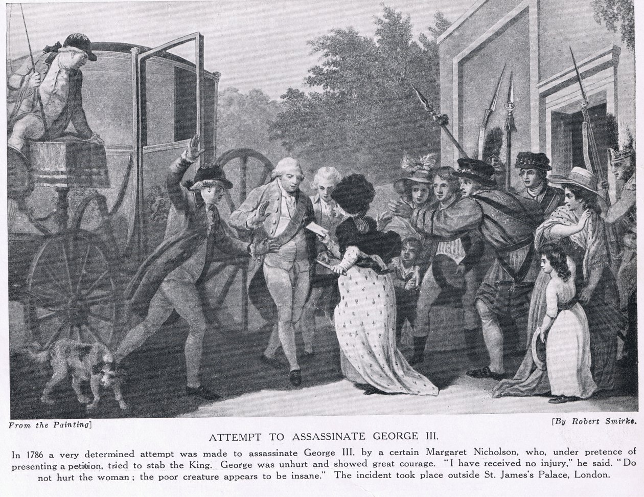 Tentativa de assassinar o rei George III, ilustração da "História das Nações de Hutchinson", c.1910 de Robert Smirke