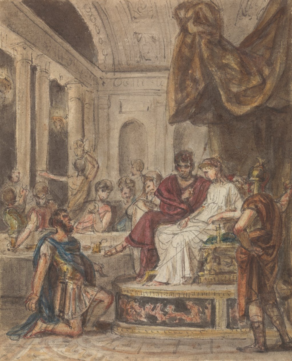 Cena do Banquete, com um Soldeir Romano Ajoelhado a uma Figura Familiar Sentado num Trono de Robert Smirke