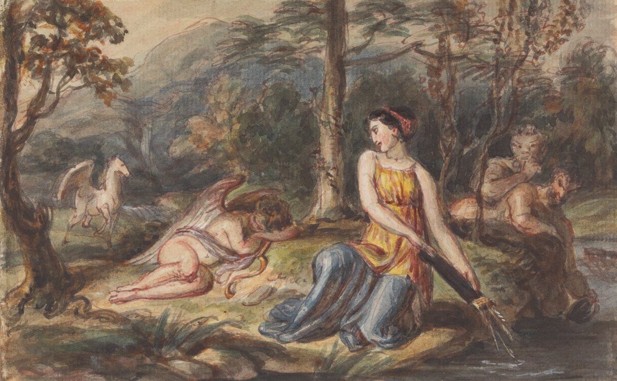 Diana, Deusa da Caça, com Satyrs, Cupido adormecido e uma Pegasus numa Paisagem arborizada de Robert Smirke