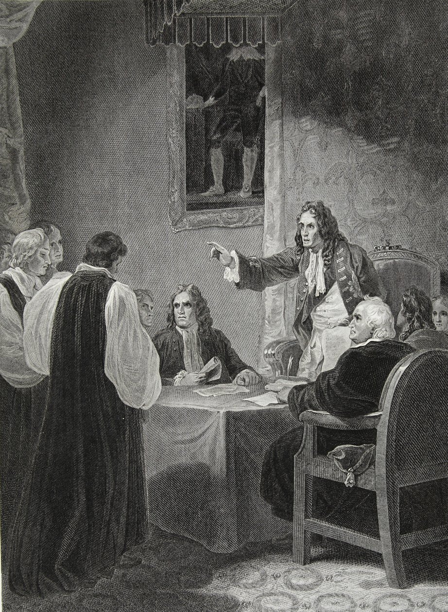 Os Bispos antes do Conselho Privado, 1688, gravado por George Noble, ilustração de David Hume "A História da Inglaterra", pub. por R. Bowyer, Londres, 1812 de Robert Smirke