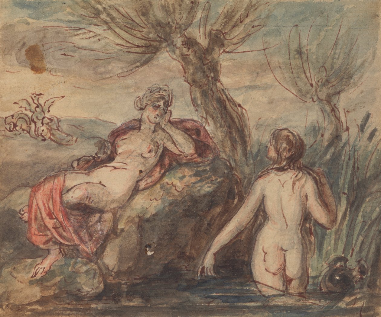 Duas mulheres a desfrutar do seu tempo por um riacho de Robert Smirke