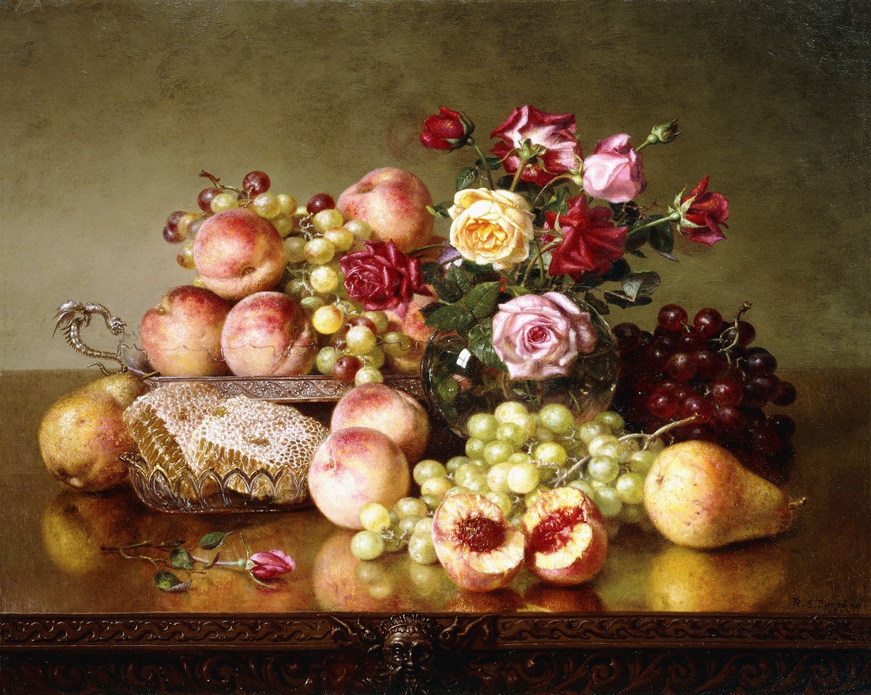 Natureza-morta de frutas com rosas e favo de mel, 1904 de Robert Spear Dunning