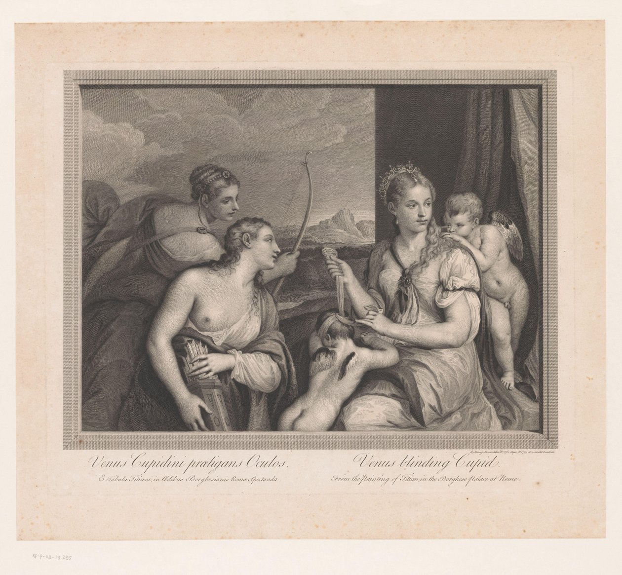 Vénus coloca uma venda no Cupido
Vénus Cupidini proeligans Oculos. Cupido Cegante de Vénus (título sobre o objecto) de Robert Strange