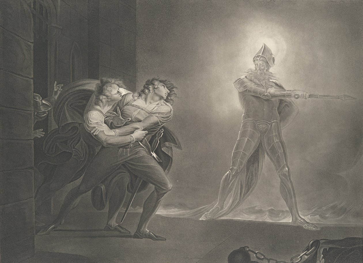 Hamlet, Horatio, Marcellus and the Ghost Shakespeare, Haml..., publicado pela primeira vez em 1796, reeditado em 1852. de Robert Thew