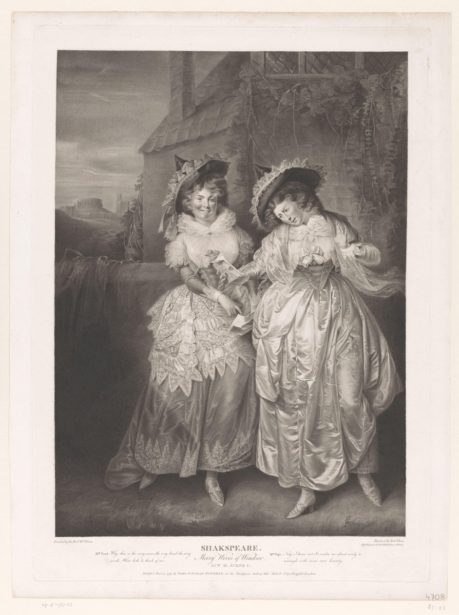 Sra. Ford e Sra. Page com a carta de amor de John Falstaff Shakspeare, Merry Wives of Windsor (título no objeto) Impressões após pinturas da Boydell