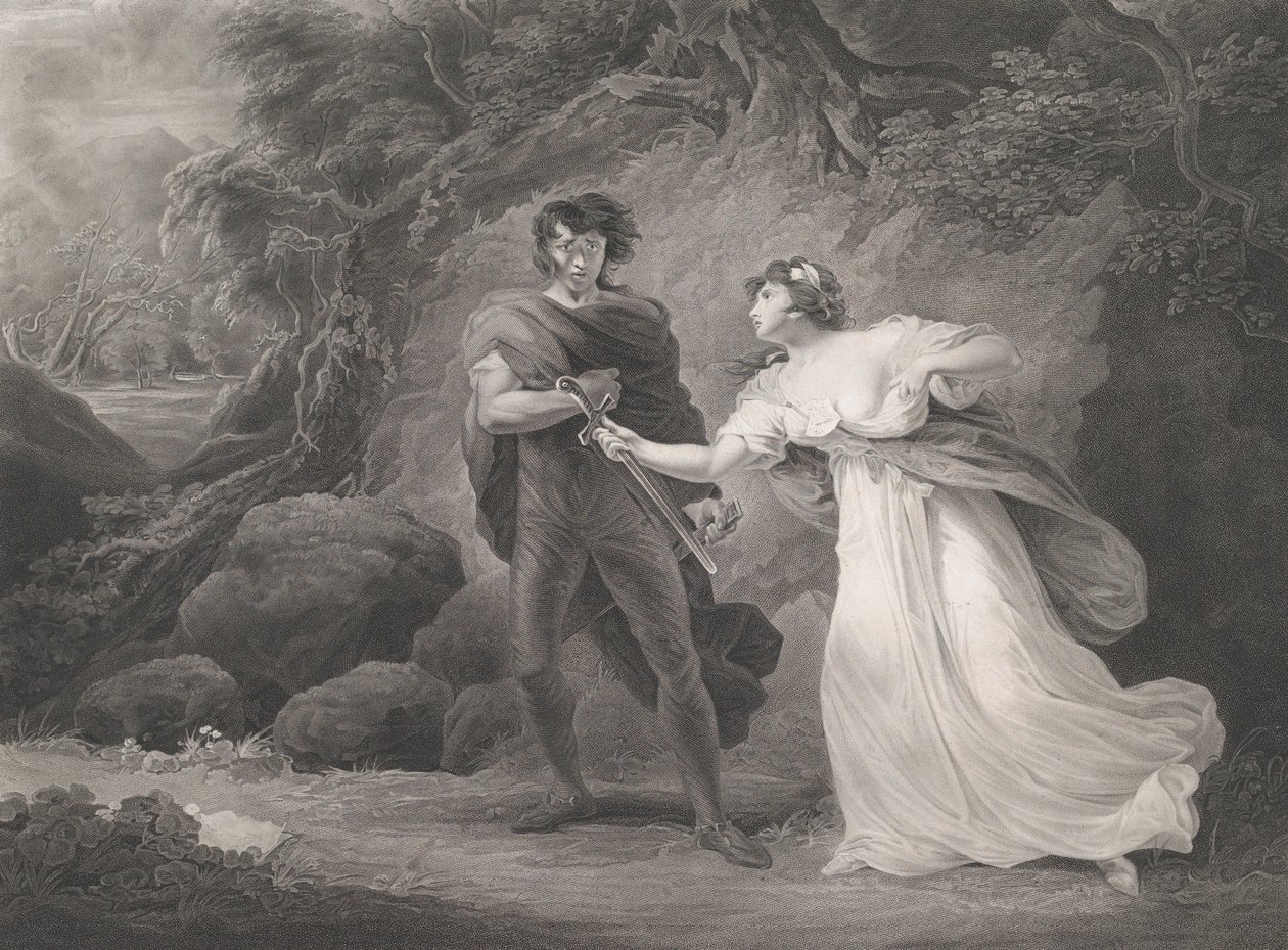 Pisanio and Imogen Shakespeare, Cymbeline, Act 3, Scene 4..., publicado pela primeira vez em 1801, reeditado em 1852. de Robert Thew