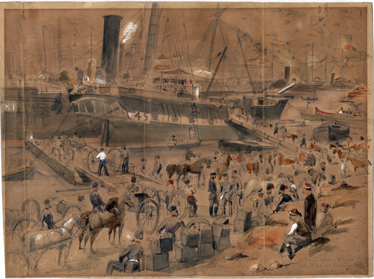 Artilharia embarcando a bordo da Argo, em Balaklava, Maio de 1856 - Artilharia embarcando a bordo da Argo. Balaclava, Maio de 1856 por Landells, Robert Thomas (1833-1877) de Robert Thomas Landells