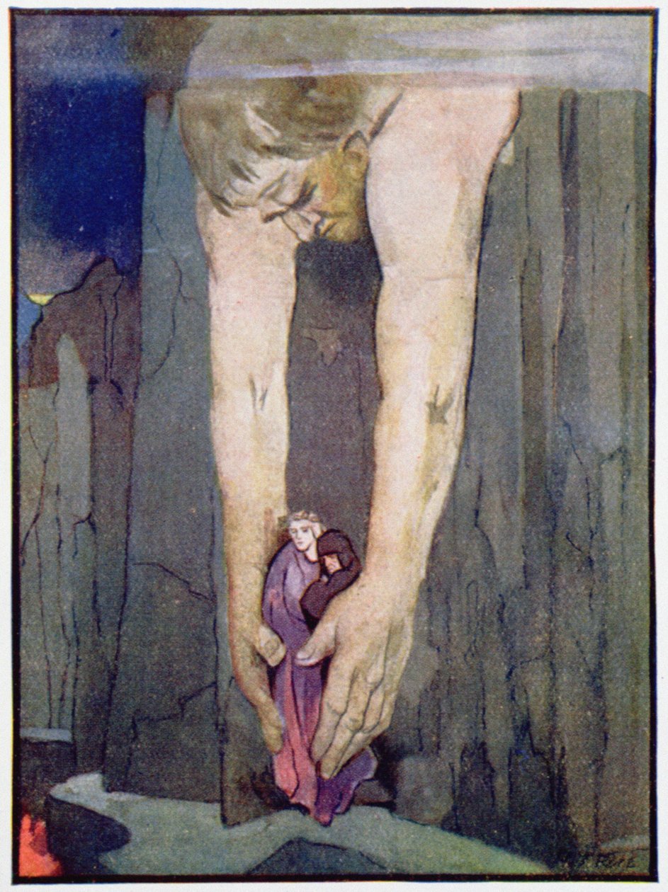 Antaeus estabelecendo Virgílio e Dante no Último Círculo do Inferno, c.1910 (lito colorido) de Robert Traill Rose
