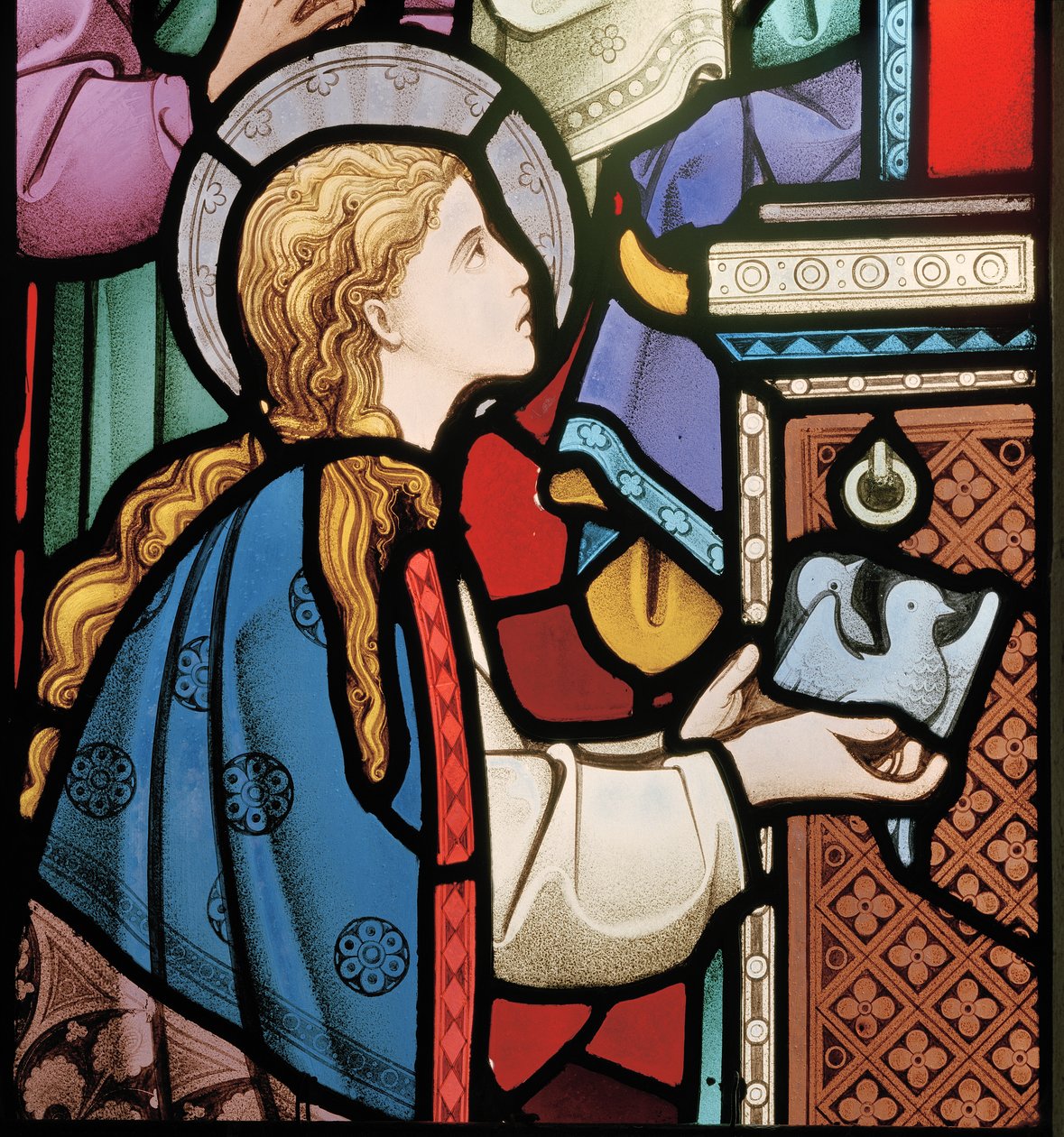 Maria oferecendo pombas no templo, detalhe da janela do leste, 1864 (vitral) de Robert Turnill Bayne