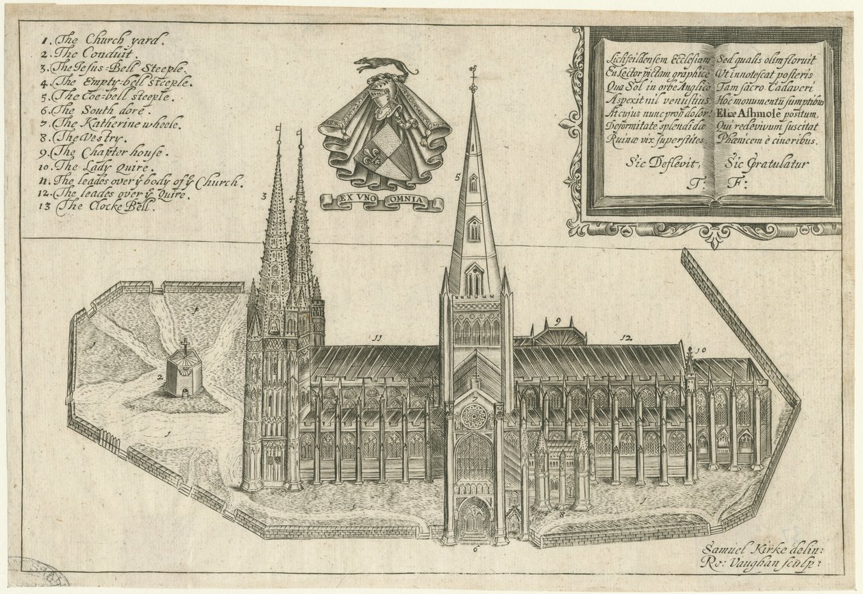 Catedral de Lichfield - Vista sul: gravura em chapa de cobre, séc. XVII de Robert Vaughan