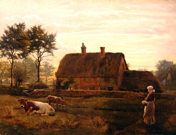 Gado a pastar por uma cabana de colmo ao pôr-do-sol de Robert Walker Macbeth