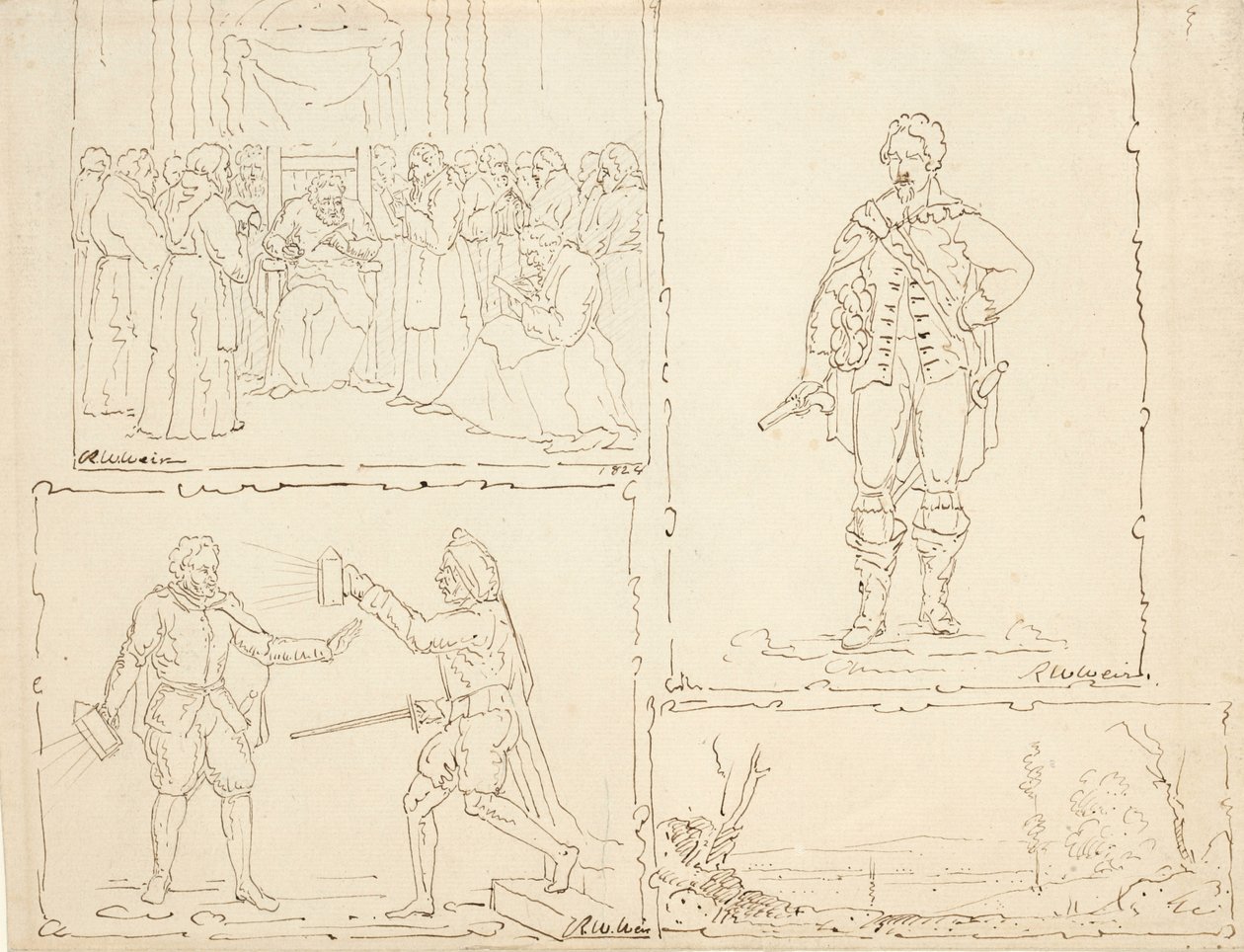 Quatro esboços, 1824 (caneta e tinta marrom em papel brilhante) de Robert Walter Weir