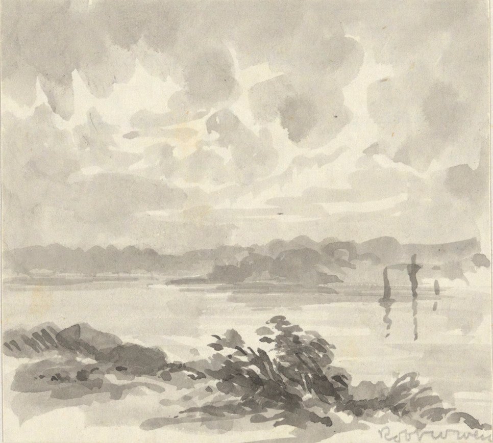 Paisagem - Vista de um lago e colinas de Robert Walter Weir