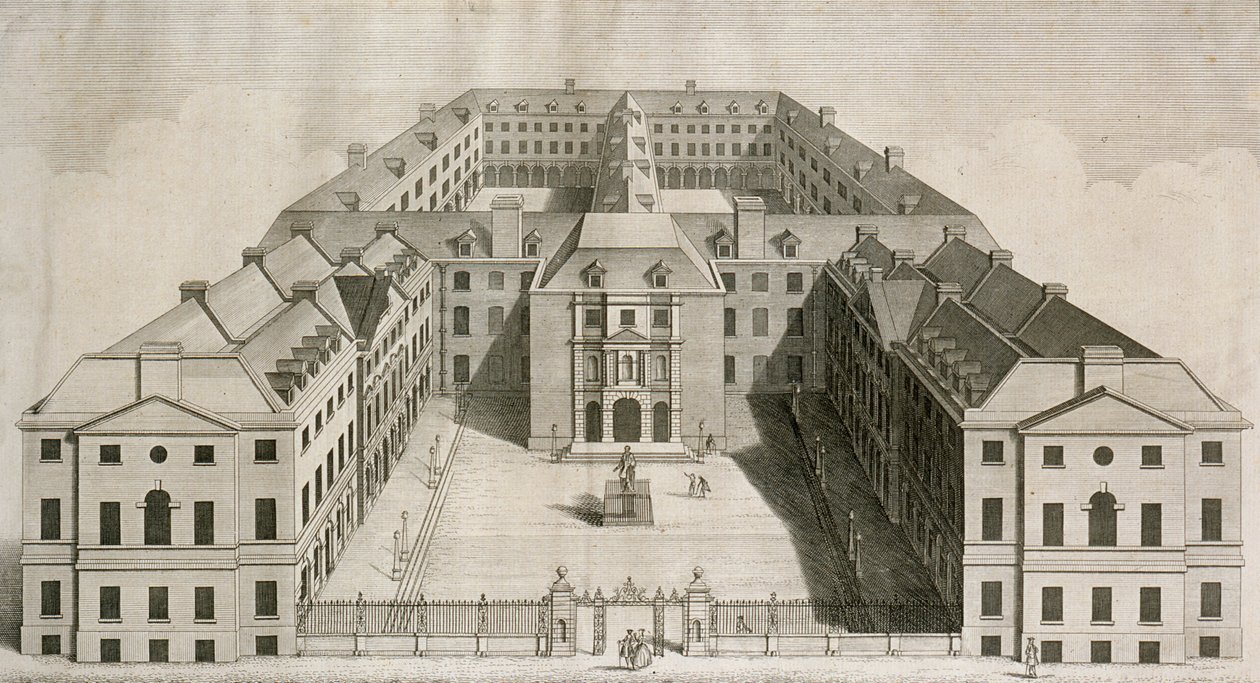 Vista aérea do Hospital Guys, Southwark, com figuras no pátio, gravada por William Henry Toms, c.1756 de Robert West