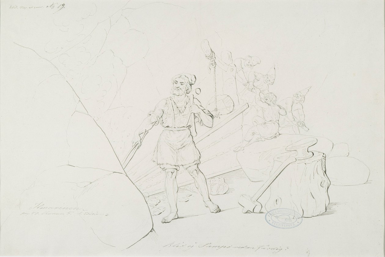 Ilmarinen takoo sampoa ; Originaalipiirustus piirrossarjaan "Kalewala, poema nacional finlandês, apresentado em desenhos R.W.Ekman" de Robert Wilhelm Ekman