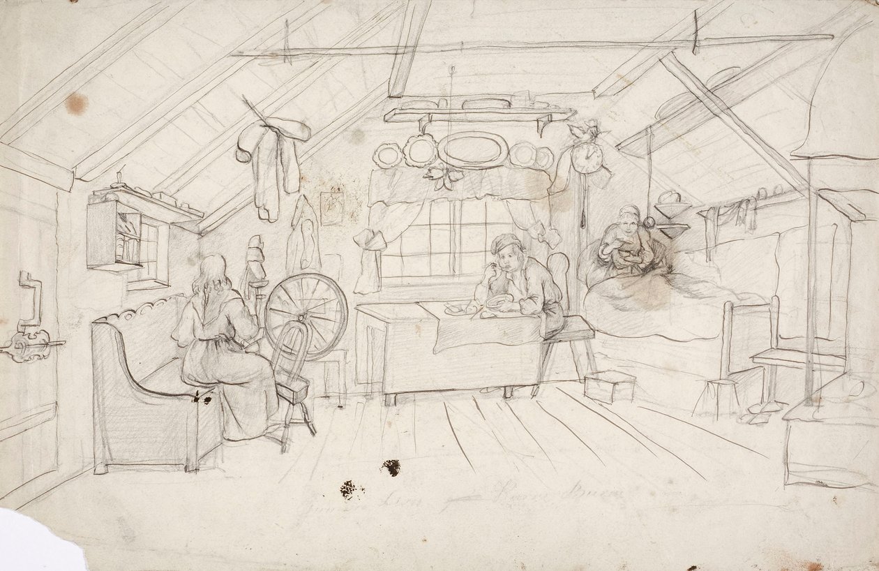 Um interior com três pessoas: uma na cama a beber café, uma à mesa a comer papas de aveia e uma junto ao centeio. de Robert Wilhelm Ekman