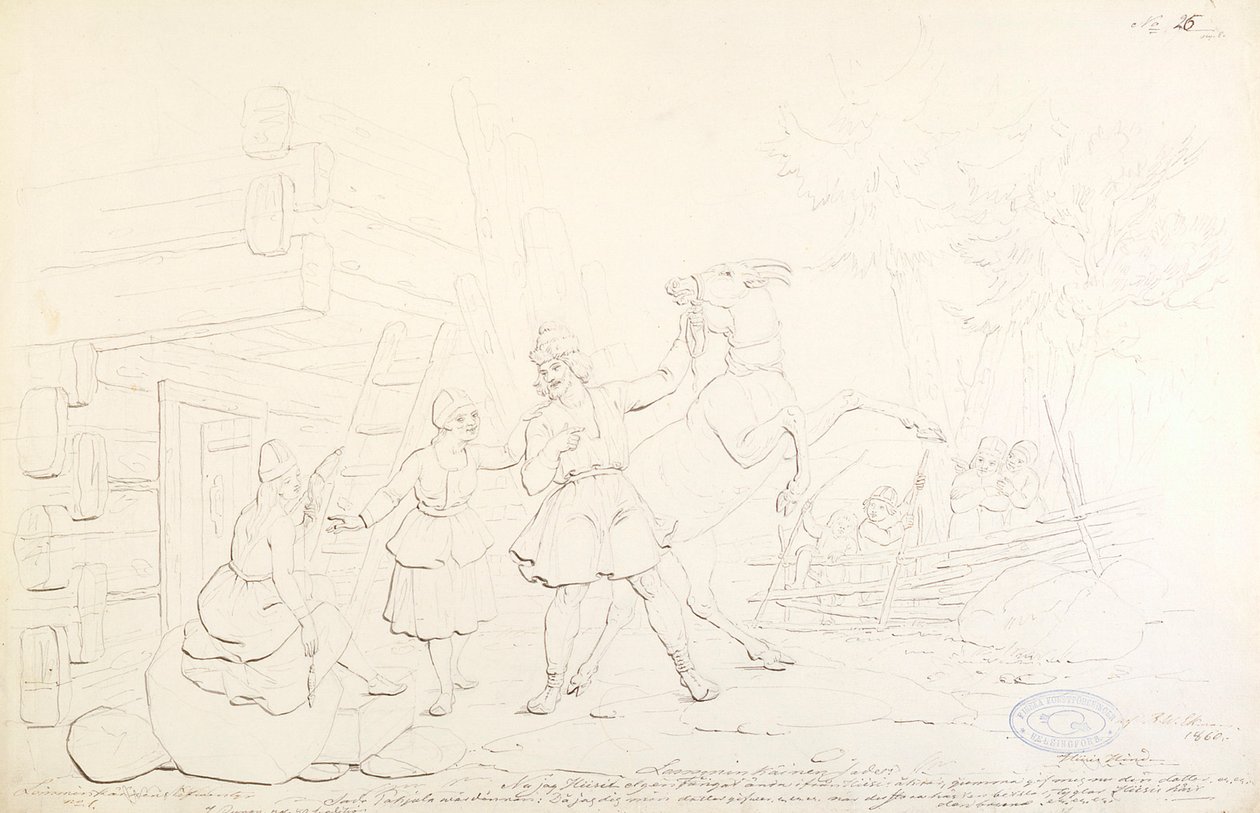 Lemminkäinen e Hiiden Hirvi ; Desenho original para a série "Kalewala, Finsk National-dikt, framställd i teckningar af R.W.Ekman" de Robert Wilhelm Ekman