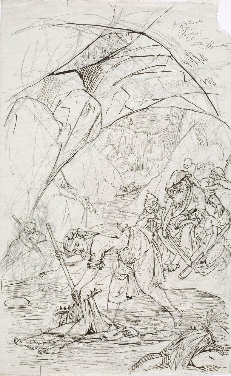 Mãe do lemingue em Tuonela, esboço para uma série de desenhos animados com o tema Kalevala de Robert Wilhelm Ekman