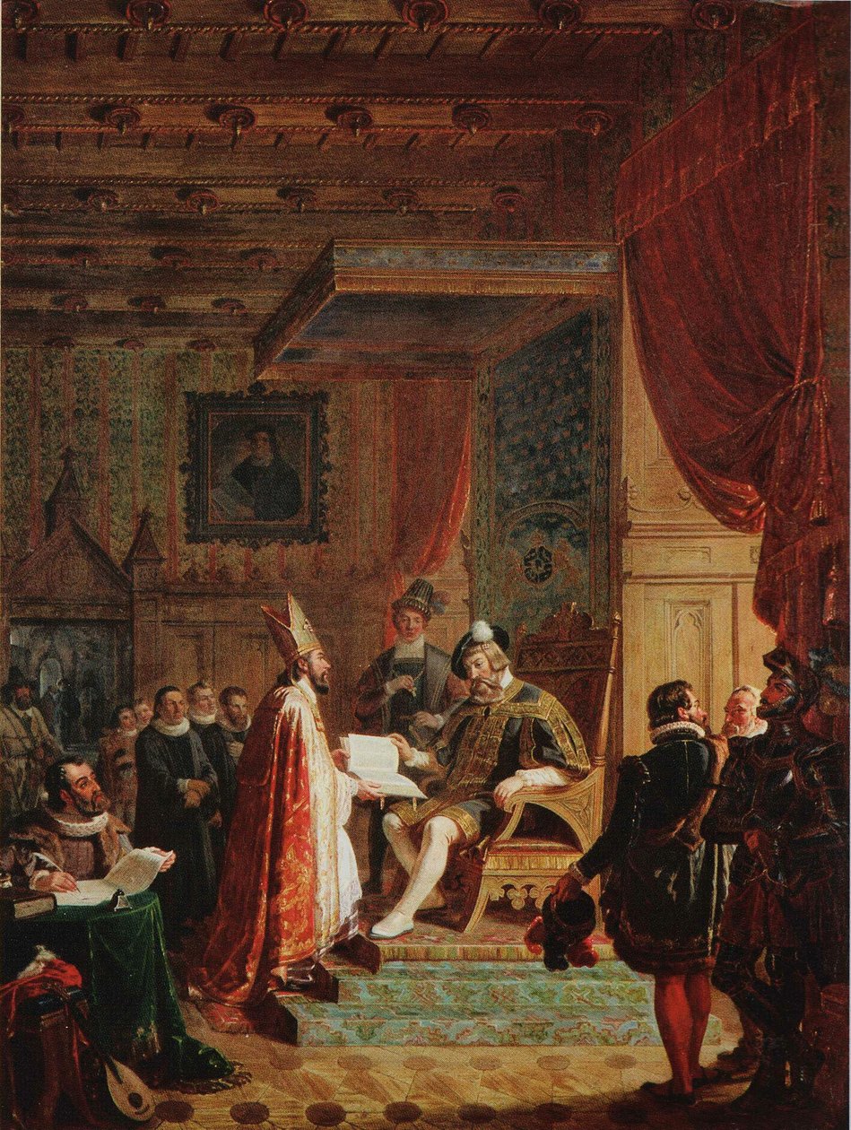 Mikael Agricola entrega a tradução finlandesa do Novo Testamento ao rei Gustav Wasa de Robert Wilhelm Ekman