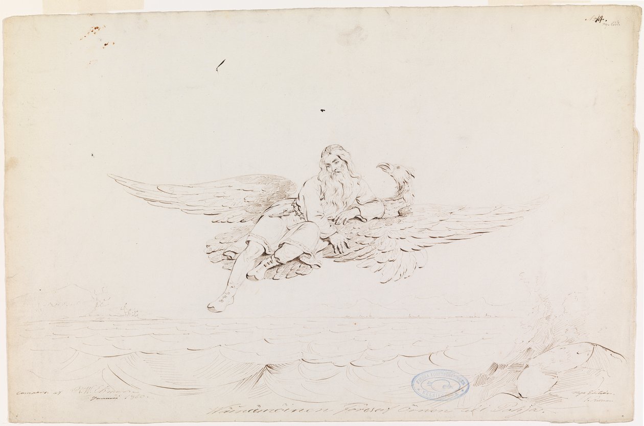 Väinämöinen Carried by an Eagle ; Desenho original para "Kalewala, poema nacional finlandês, apresentado em desenhos por R.W.Ekman" de Robert Wilhelm Ekman