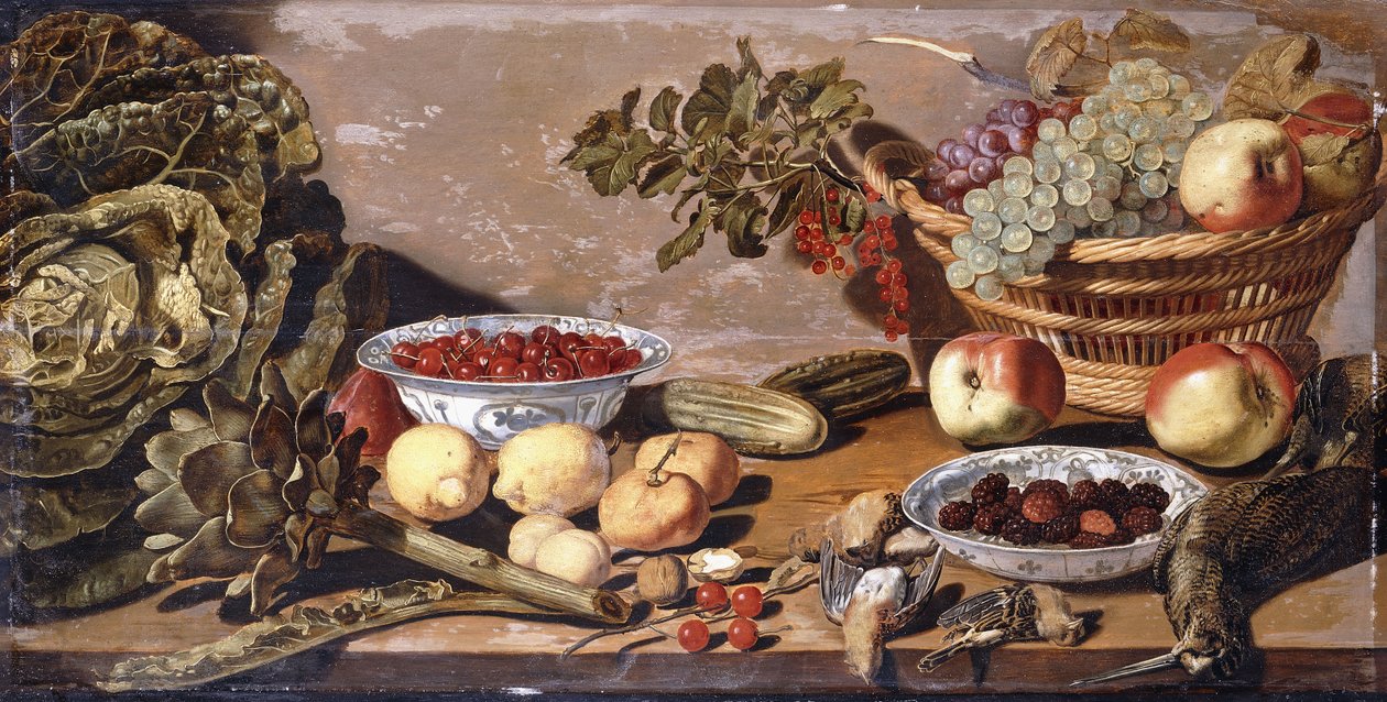 Tigelas de cerejas e amoras, uma cesta de uvas, maçãs e groselhas, um repolho, alcachofra, limões, nozes Gerkins, outras frutas, narceja morta e tordos em uma mesa de Robert Willemsz de Baudous