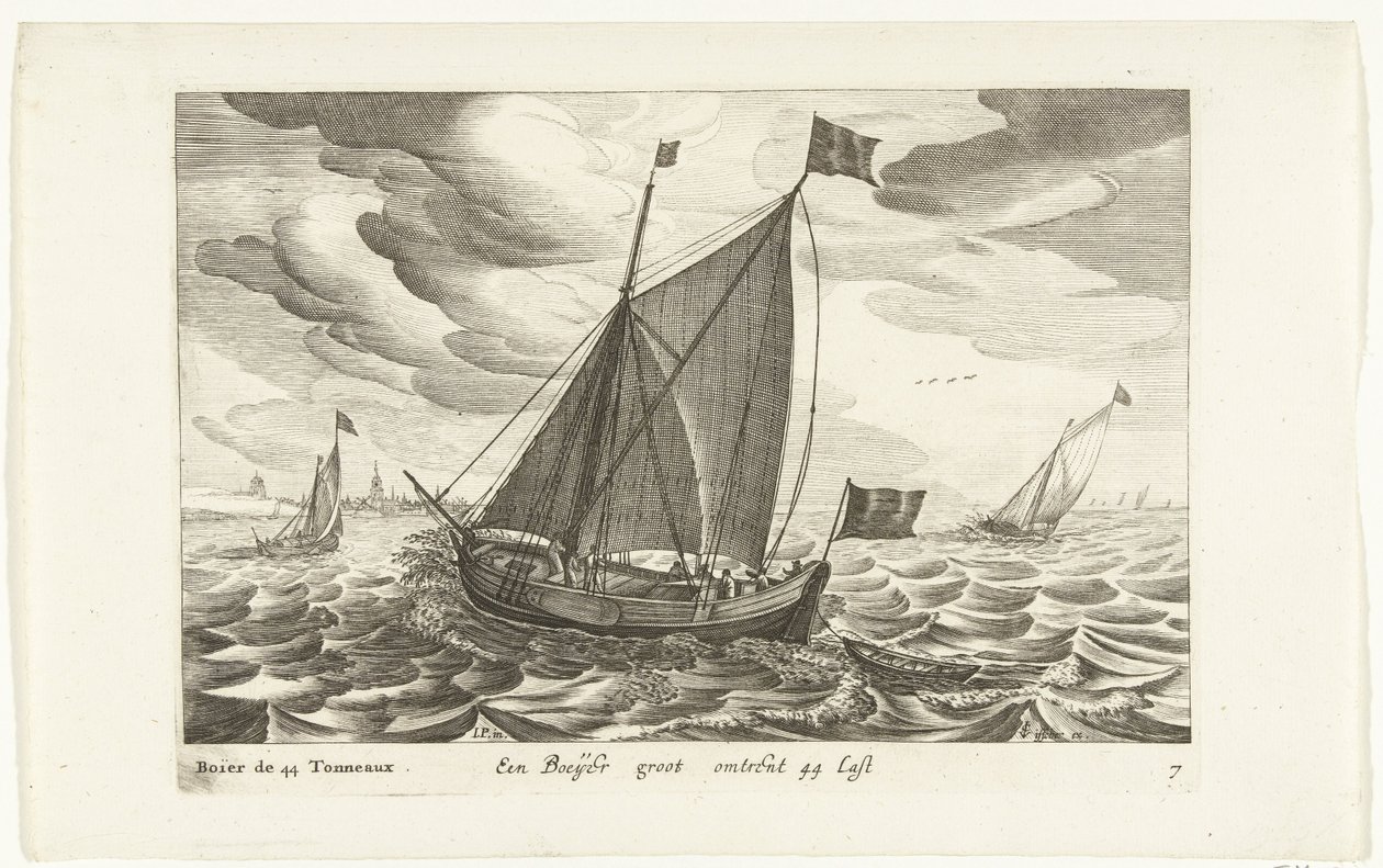 Boeiers Een Boeijer groot sobre 44 Last / Boïer de 44 Tonneaux (título no objeto) Hollandse scheepstypen, 1627 (título da série) Vários navios Don ton se sert dans les Unies Províncias / Ícones de vários navios holandeses cujo uso é principalmente nas água de Robert de Baudous (possibly)