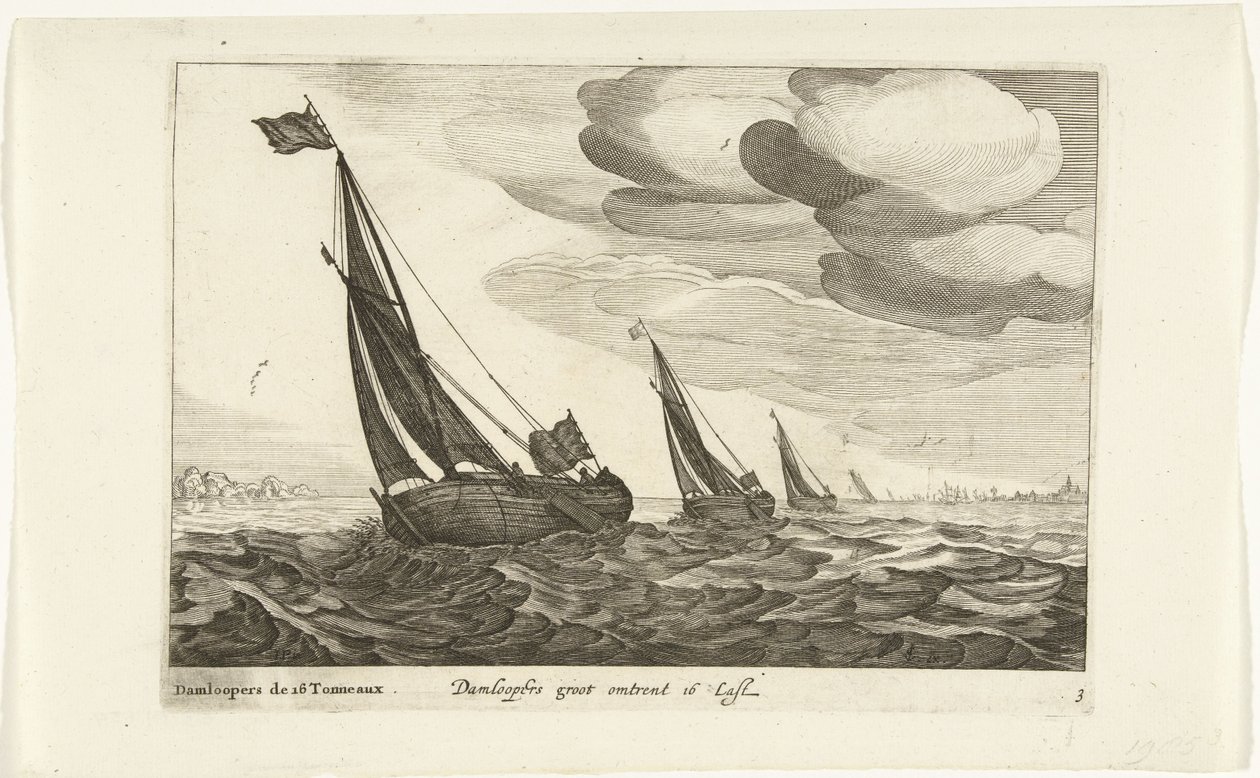 Damloopers
Damloopers groot omtrent 16 Last / Damloopers de 16 Tonneaux (título sobre o objecto)
Tipos de navios holandeses, 1627 (título da série)
Navires Diversos Don ton se sert dans les Provinces Unies / Icones Variarum Navium Hollandicarum quarum u de Robert de Baudous (possibly)