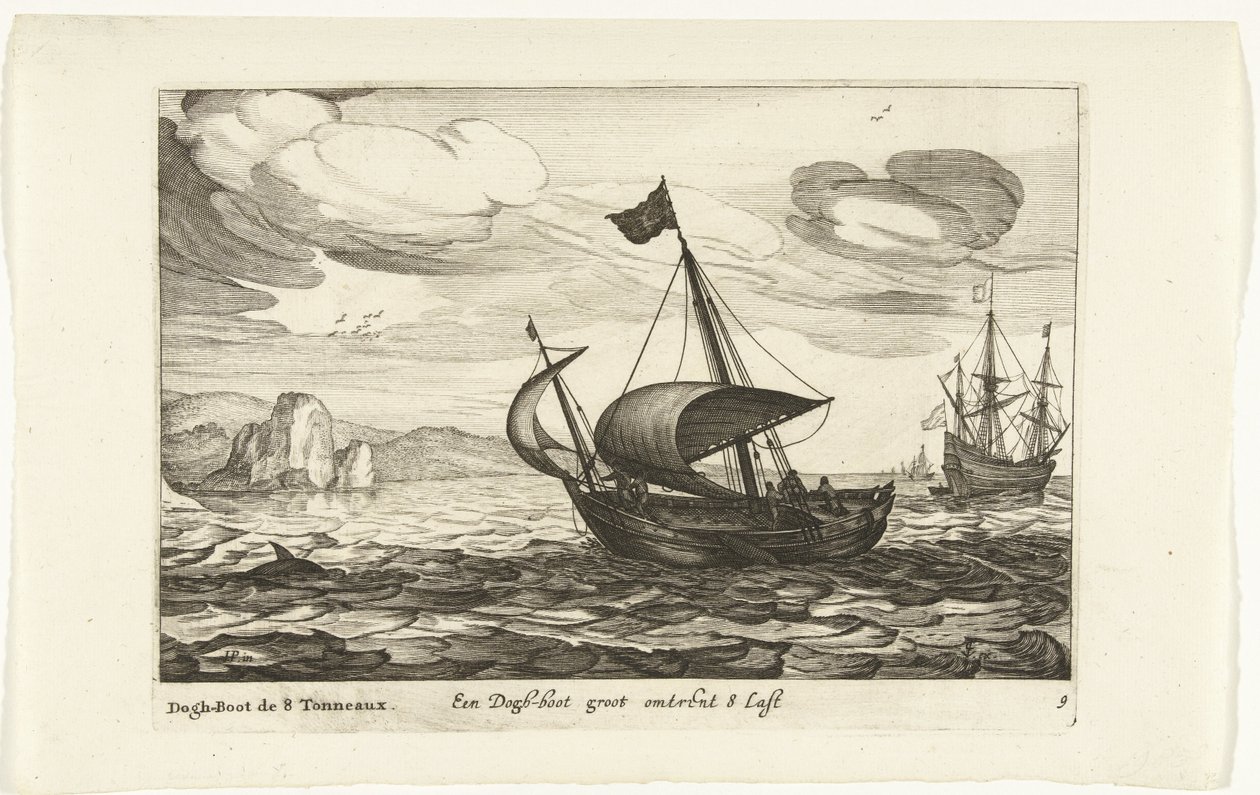 Dogger de bota de cachorro Een Dogh-boot groot cerca de 8 Last / Dogh-Boot de 8 Tonneaux (título no objeto) Hollandse scheepstypen, 1627 (título da série) Vários navios Don ton se sert dans les Unies Províncias / Ícones de vários navios holandeses cujo uso de Robert de Baudous (possibly)