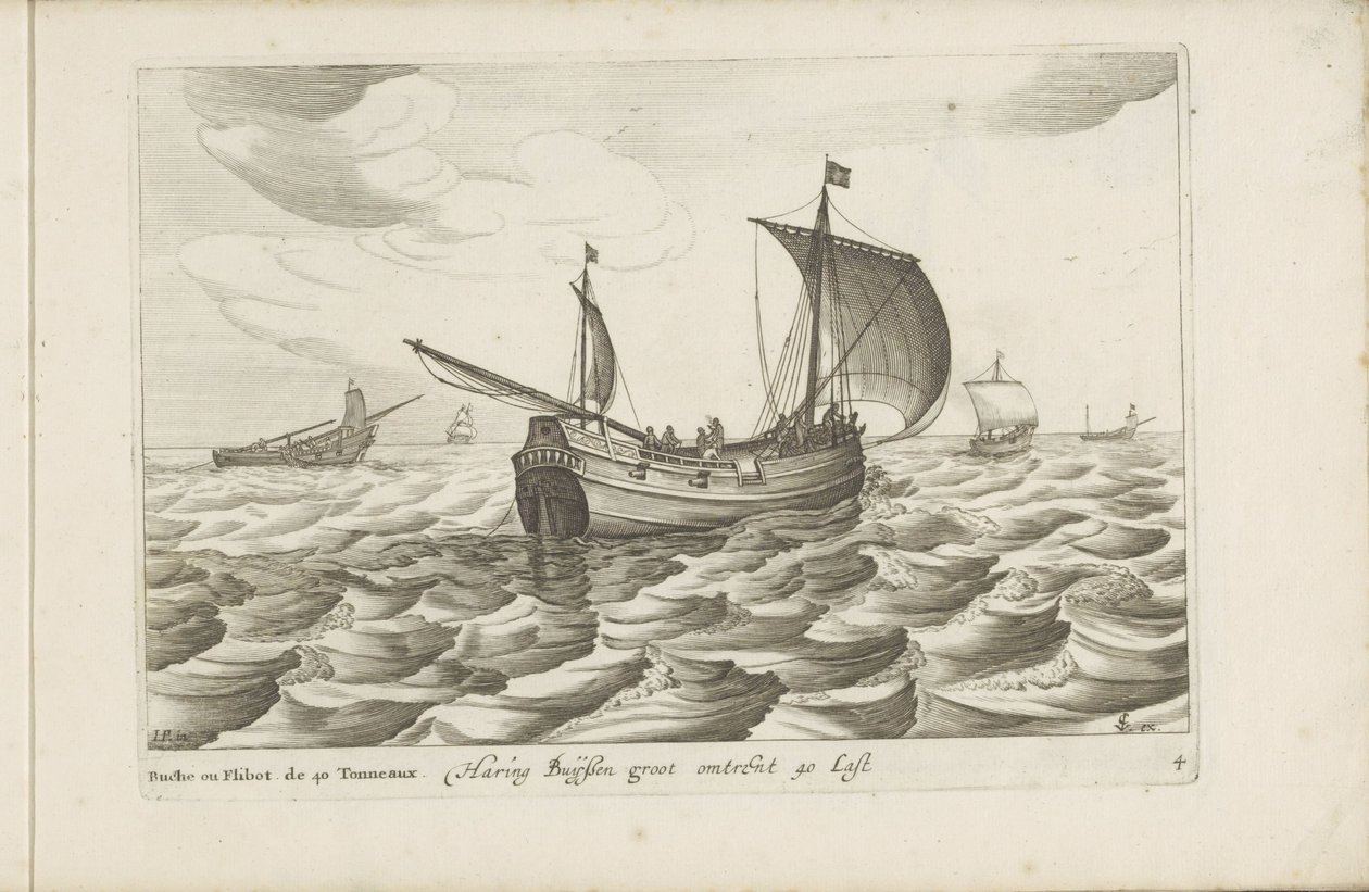 Haringbuizen
Haring buyssen groot omtrent 40 Last / Buche ou flibot de 40 tonneaux (título sobre o objecto)
Diversos navios utilizados nas Províncias Unidas / Icones variarum navium Hollandicarum quarum usus maximè in aquis interioribus regionis (série de Robert de Baudous (possibly)